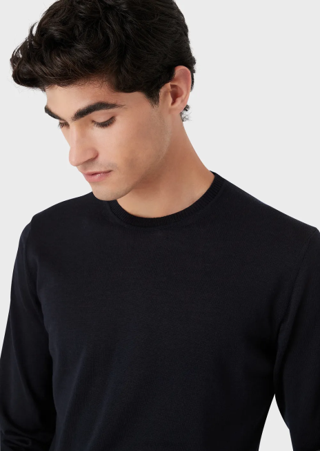 bărbați R802G1262 pulover din tricot simplu, pură lână virgină Armani albastru marin