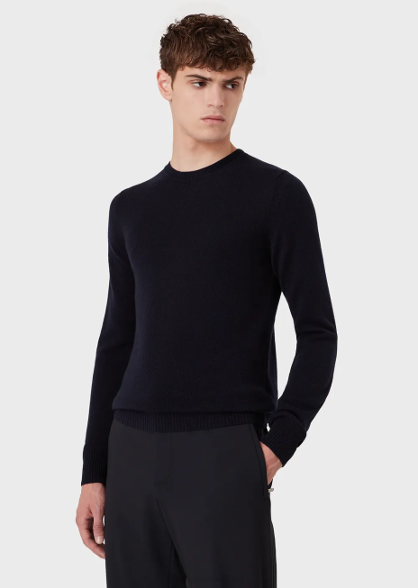 bărbați R802G1265 pulover din cașmir pur cu decolteu Armani albastru marin