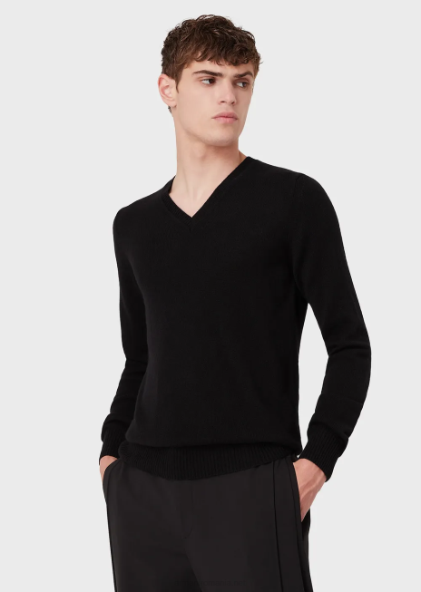 bărbați R802G1269 pulover din cașmir pur cu decolteu în V Armani negru
