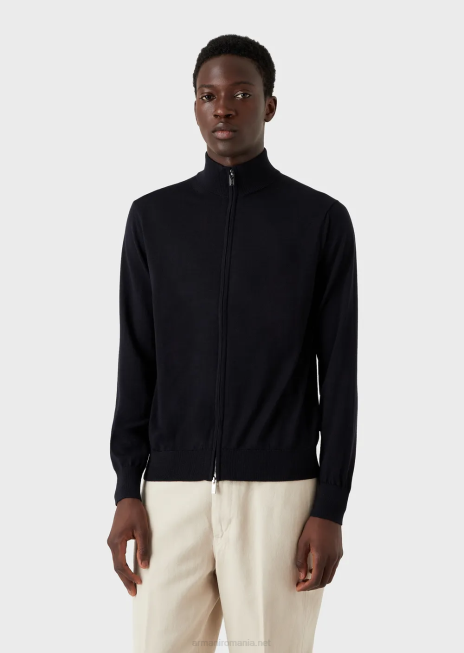 bărbați R802G1270 cardigan cu fermoar întreg din lână virgină Armani albastru marin