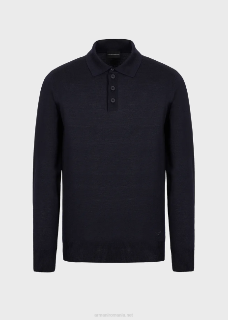 bărbați R802G1275 pulover din lână virgină cu guler polo Armani albastru marin