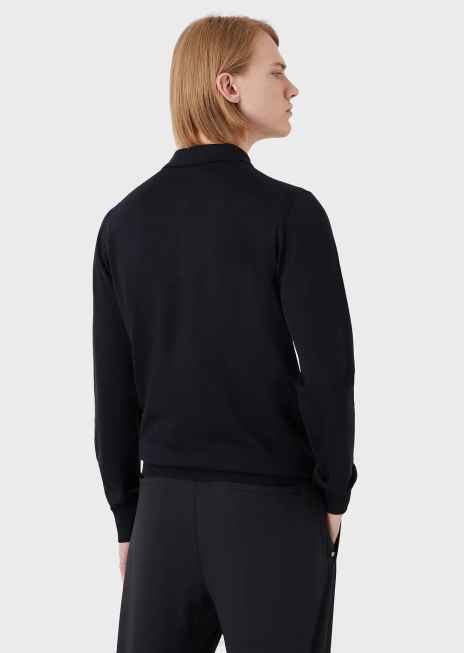 bărbați R802G1275 pulover din lână virgină cu guler polo Armani albastru marin