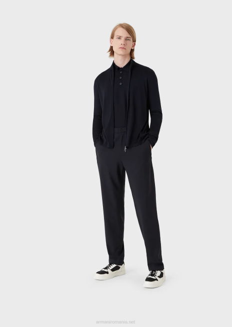 bărbați R802G1275 pulover din lână virgină cu guler polo Armani albastru marin