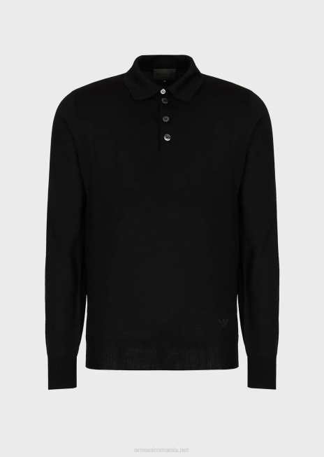 bărbați R802G1276 pulover din lână virgină cu guler polo Armani negru