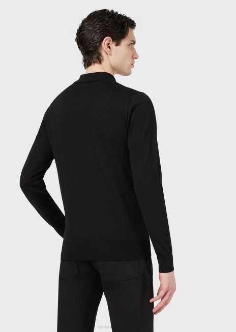 bărbați R802G1276 pulover din lână virgină cu guler polo Armani negru