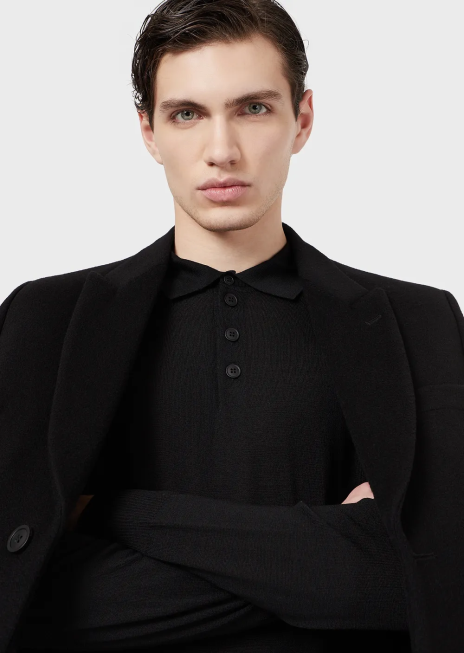 bărbați R802G1276 pulover din lână virgină cu guler polo Armani negru