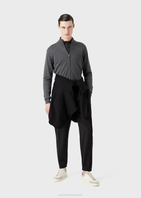 bărbați R802G1277 pulover din lână virgină cu guler polo Armani gri închis