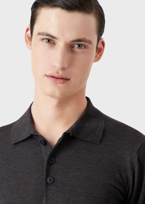 bărbați R802G1277 pulover din lână virgină cu guler polo Armani gri închis