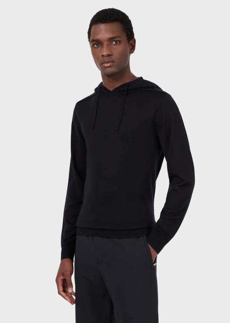 bărbați R802G1278 pulover cu glugă din amestec de lână și lyocell Armani albastru marin