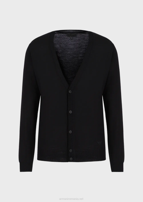 bărbați R802G1280 Cardigan cu decolteu în V din lână virgină din tricot simplu Armani negru