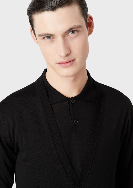 bărbați R802G1281 Cardigan cu decolteu în V din lână virgină din tricot simplu Armani albastru marin