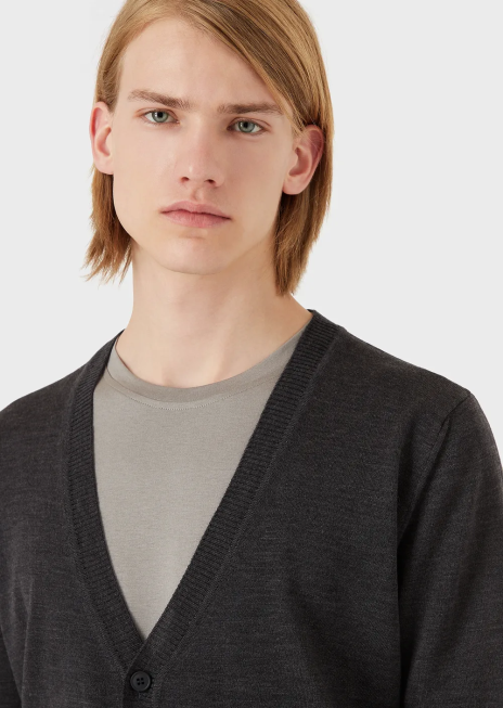 bărbați R802G1282 Cardigan cu decolteu în V din lână virgină din tricot simplu Armani gri închis