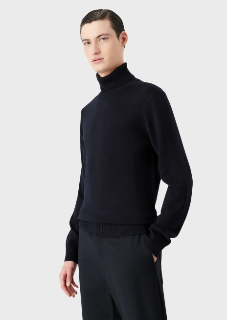 bărbați R802G1283 pulover din lână virgină, cu croială normală, cu gât fals Armani albastru marin