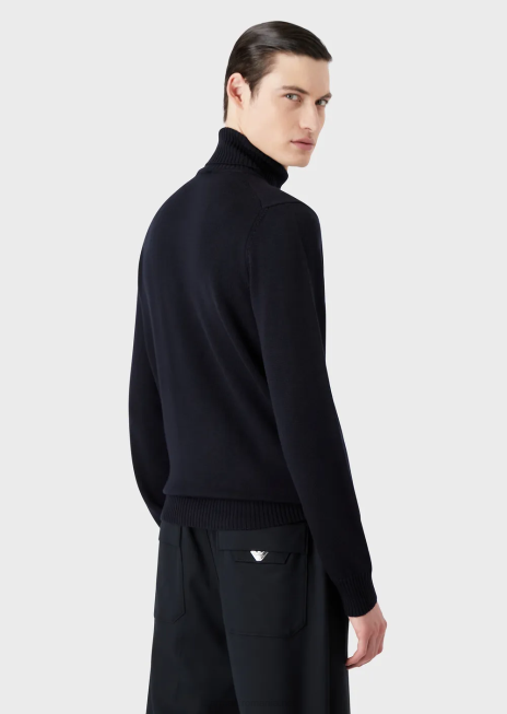 bărbați R802G1283 pulover din lână virgină, cu croială normală, cu gât fals Armani albastru marin