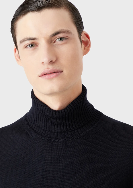 bărbați R802G1283 pulover din lână virgină, cu croială normală, cu gât fals Armani albastru marin