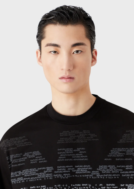 bărbați R802G1603 tricou din jerseu mercerizat cu model de litere cauciucate vultur supradimensionat Armani negru