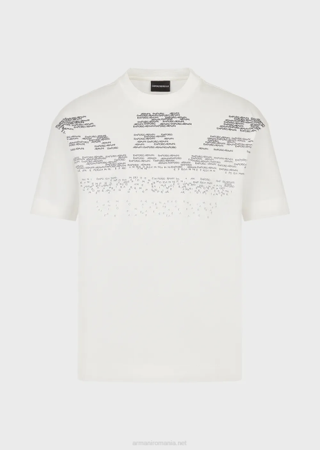 bărbați R802G1604 tricou din jerseu mercerizat cu model de litere cauciucate vultur supradimensionat Armani alb