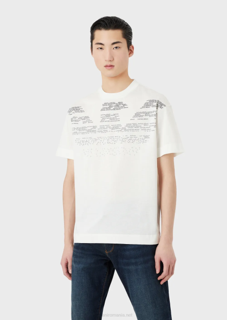 bărbați R802G1604 tricou din jerseu mercerizat cu model de litere cauciucate vultur supradimensionat Armani alb