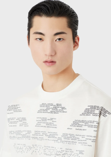 bărbați R802G1604 tricou din jerseu mercerizat cu model de litere cauciucate vultur supradimensionat Armani alb