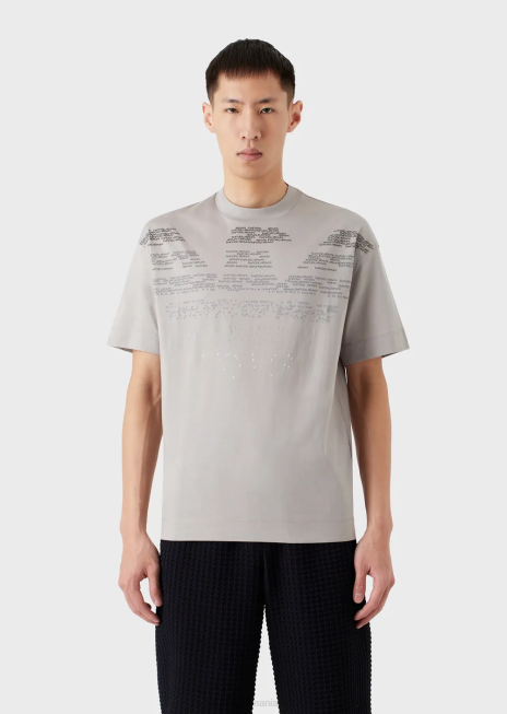 bărbați R802G1605 tricou din jerseu mercerizat cu model de litere cauciucate vultur supradimensionat Armani gri