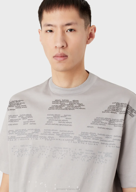 bărbați R802G1605 tricou din jerseu mercerizat cu model de litere cauciucate vultur supradimensionat Armani gri