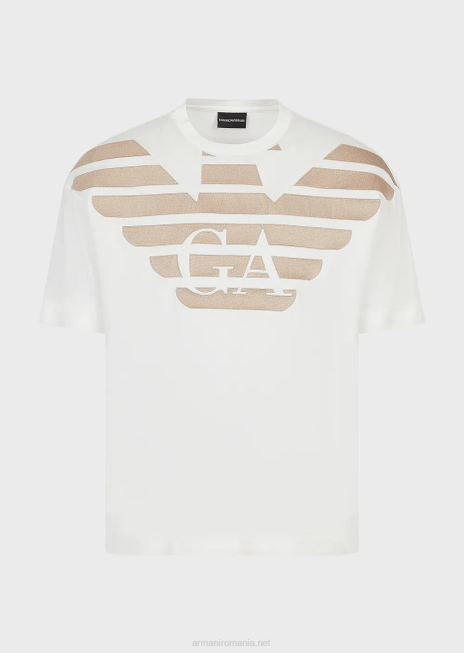 bărbați R802G1606 Tricou din jerseu din amestec tencel cu logo brodat supradimensionat Armani alb