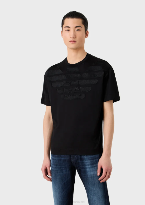 bărbați R802G1607 Tricou din jerseu din amestec tencel cu logo brodat supradimensionat Armani logo negru
