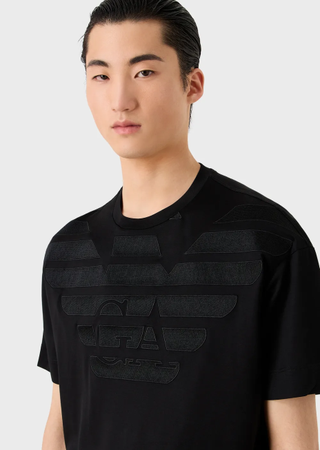bărbați R802G1607 Tricou din jerseu din amestec tencel cu logo brodat supradimensionat Armani logo negru