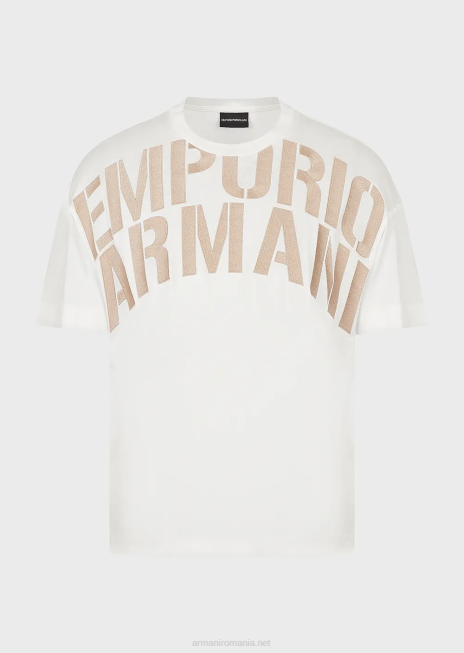 bărbați R802G1608 Tricou din jerseu din amestec tencel cu logo brodat supradimensionat Armani logo alb