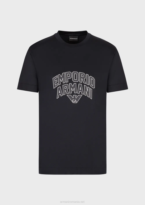 bărbați R802G1611 tricou din jerseu din amestec tencel, cu broderie cu logo-ul îndrăzneț Armani albastru marin