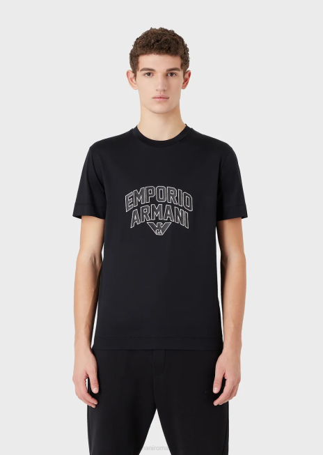 bărbați R802G1611 tricou din jerseu din amestec tencel, cu broderie cu logo-ul îndrăzneț Armani albastru marin