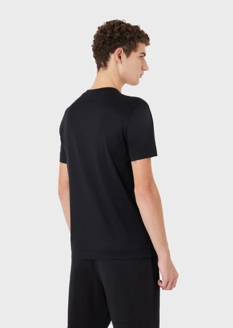 bărbați R802G1611 tricou din jerseu din amestec tencel, cu broderie cu logo-ul îndrăzneț Armani albastru marin