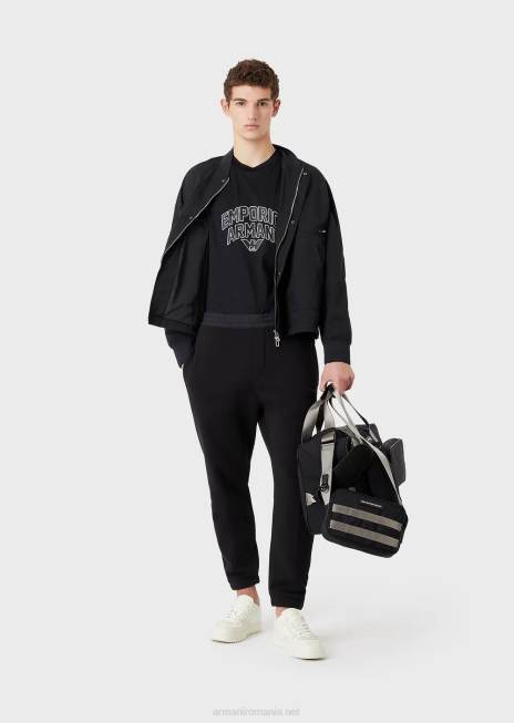 bărbați R802G1611 tricou din jerseu din amestec tencel, cu broderie cu logo-ul îndrăzneț Armani albastru marin