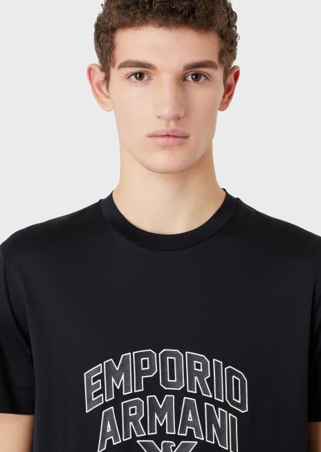 bărbați R802G1611 tricou din jerseu din amestec tencel, cu broderie cu logo-ul îndrăzneț Armani albastru marin