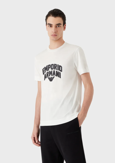 bărbați R802G1612 tricou din jerseu din amestec tencel, cu broderie cu logo-ul îndrăzneț Armani alb