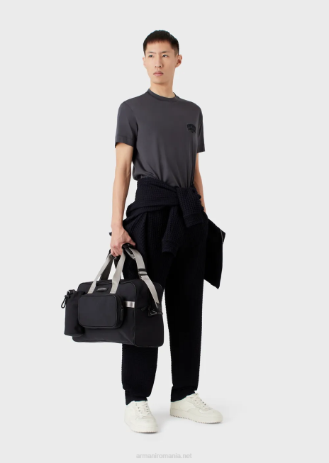 bărbați R802G1613 tricou din jerseu din amestec tencel cu broderie logo-ul în relief Armani grafit