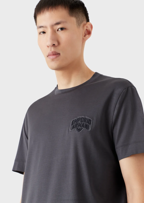 bărbați R802G1613 tricou din jerseu din amestec tencel cu broderie logo-ul în relief Armani grafit