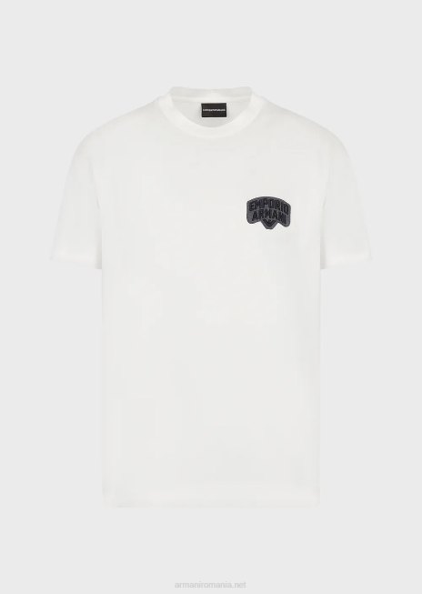 bărbați R802G1614 tricou din jerseu din amestec tencel cu broderie logo-ul în relief Armani alb