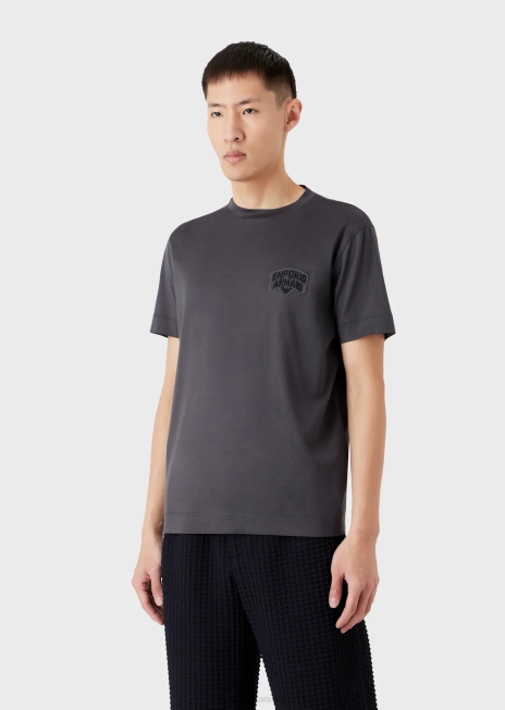 bărbați R802G1614 tricou din jerseu din amestec tencel cu broderie logo-ul în relief Armani alb