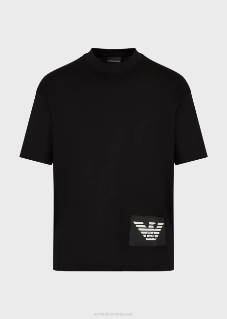 bărbați R802G1615 tricou din jerseu mercerizat cu plasture vultur contrastant Armani negru