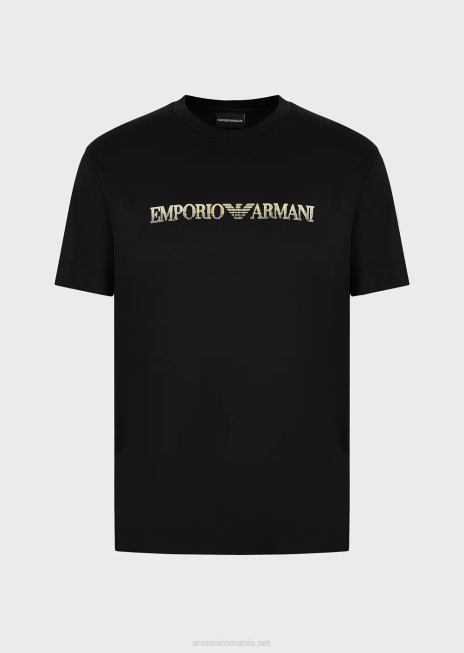bărbați R802G1617 tricou din jerseu din amestec tencel cu logo auriu Armani negru
