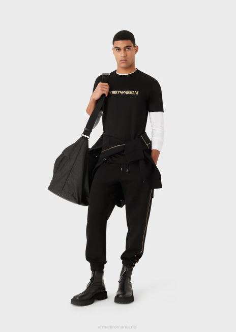 bărbați R802G1617 tricou din jerseu din amestec tencel cu logo auriu Armani negru