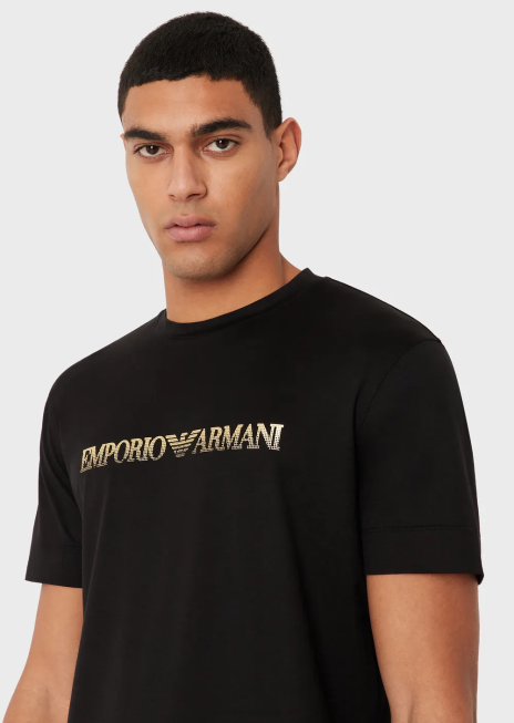 bărbați R802G1617 tricou din jerseu din amestec tencel cu logo auriu Armani negru