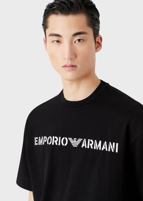 bărbați R802G1621 tricou din jerseu greu cu broderie emporio armani într-un font militarnegru