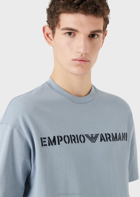 bărbați R802G1624 tricou din jerseu greu cu broderie emporio armani într-un font militarazur