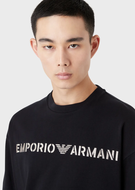 bărbați R802G1626 tricou din jerseu greu cu broderie emporio armani într-un font militaralbastru marin