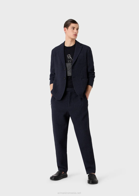 bărbați R802G1628 Tricou din jerseu din amestec tencel, cu broderie de siluetă și model de semnătură Armani albastru marin