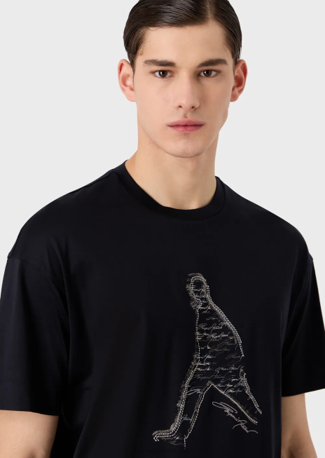 bărbați R802G1628 Tricou din jerseu din amestec tencel, cu broderie de siluetă și model de semnătură Armani albastru marin