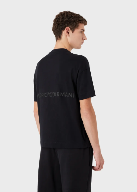 bărbați R802G1629 tricou din jerseu greu cu logo cauciucat îndrăzneț Armani albastru marin