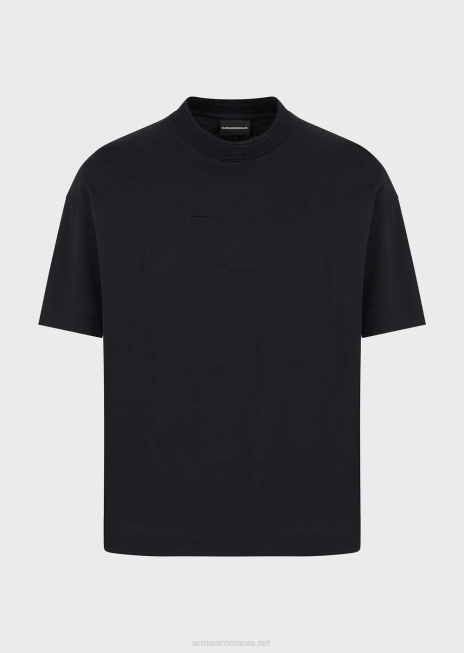 bărbați R802G1633 tricou din jerseu greu, cu ornamente supradimensionate cu logo în relief Armani albastru marin